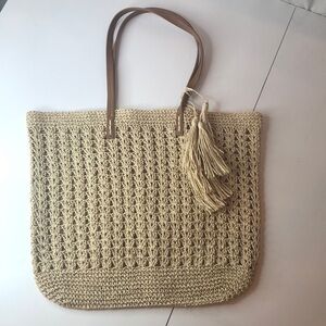 Haute Hippie Cream Tote Bag Purse or Beach Bag Double Straps Tassel NWOT